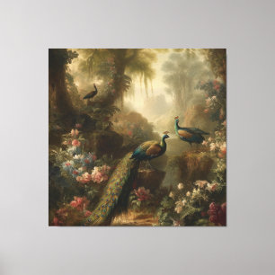 Botanical: three peacocks in English garden  Canvas Print