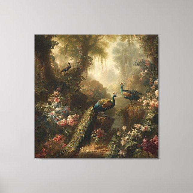 Botanical: three peacocks in English garden  Canvas Print (Front)