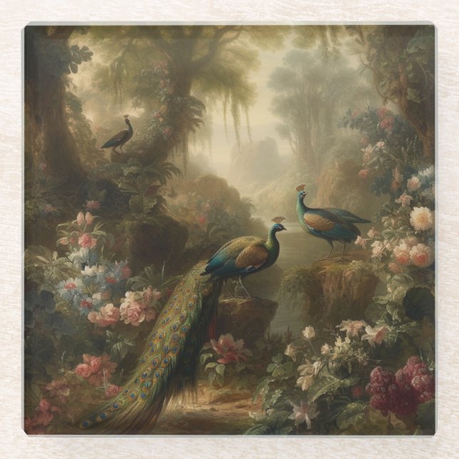 Botanical: three peacocks in English garden  Glass Coaster (Front)
