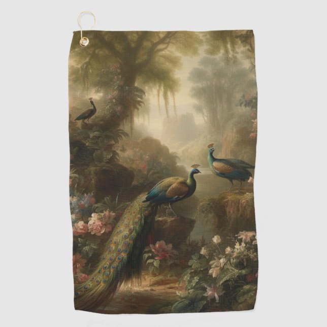 Botanical: three peacocks in English garden  Golf Towel (Front)