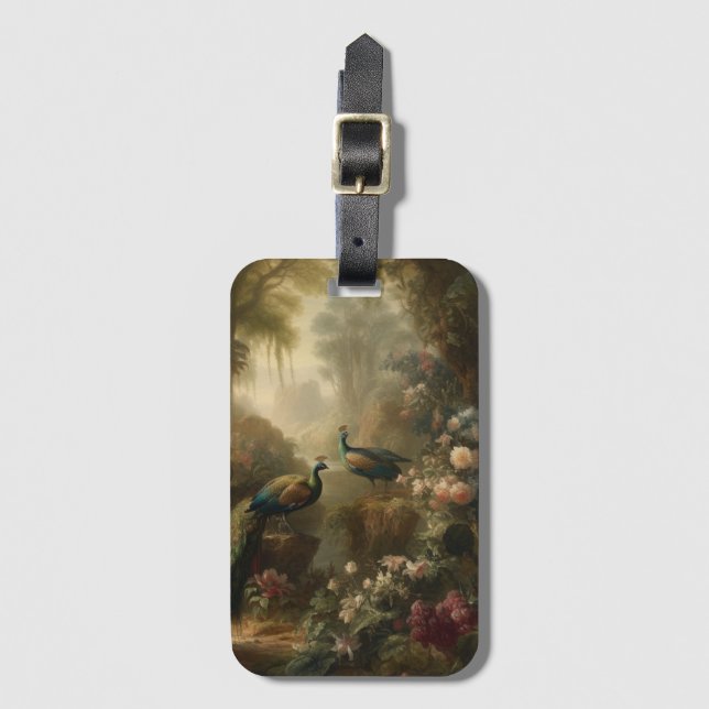 Botanical: three peacocks in English garden  Luggage Tag (Front Vertical)