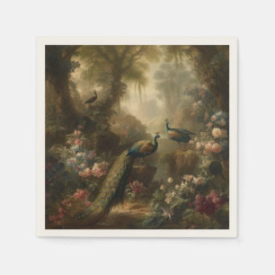Botanical: three peacocks in English garden Napkin
