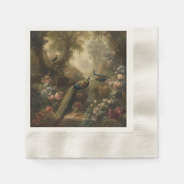 Botanical: three peacocks in English garden  Napkin (Front)