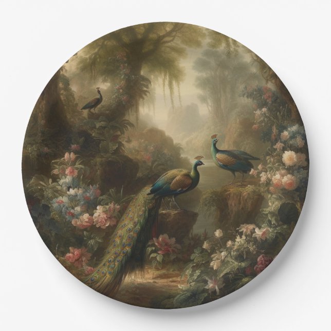 Botanical: three peacocks in English garden  Paper Plate (Front)