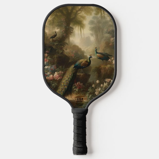 Botanical: three peacocks in English garden  Pickleball Paddle (Front)