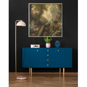 Botanical: three peacocks in English garden Poster