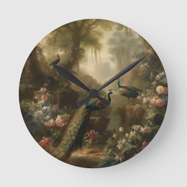 Botanical: three peacocks in English garden  Round Clock (Front)