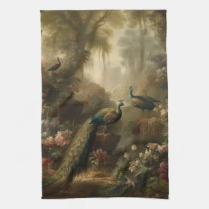 Botanical: three peacocks in English garden Tea Towel