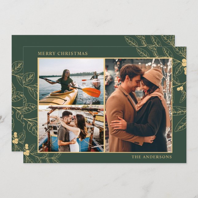 Botanical Three Photo Merry Christmas Couple (Front/Back)