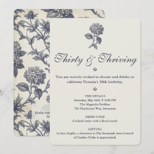 Botanical Toile Hydrangea Sea Holly 30th Birthday Invitation