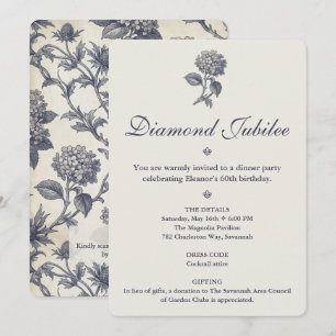Botanical Toile Hydrangea Sea Holly 60th Birthday Invitation