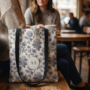 Botanical Toile   Hydrangea & Sea Holly Custom Tote Bag