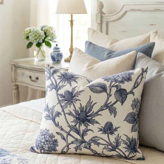 Botanical Toile | Hydrangea & Sea Holly Decorative Cushion (Lifestyle Shot)