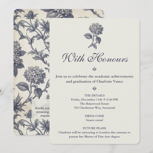 Botanical Toile Hydrangea Sea Holly Graduation Invitation (Front/Back)