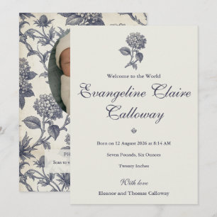 Botanical Toile Hydrangea & Sea Holly Photo Birth Announcement