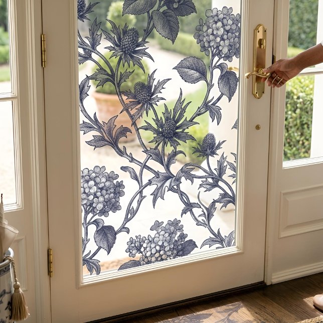 Botanical Toile | Hydrangea & Sea Holly Window Cling (Lifestyle Shot (24x24" sheets))