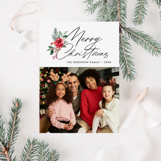 botanical trendy script merry christmas card (Creator Uploaded)
