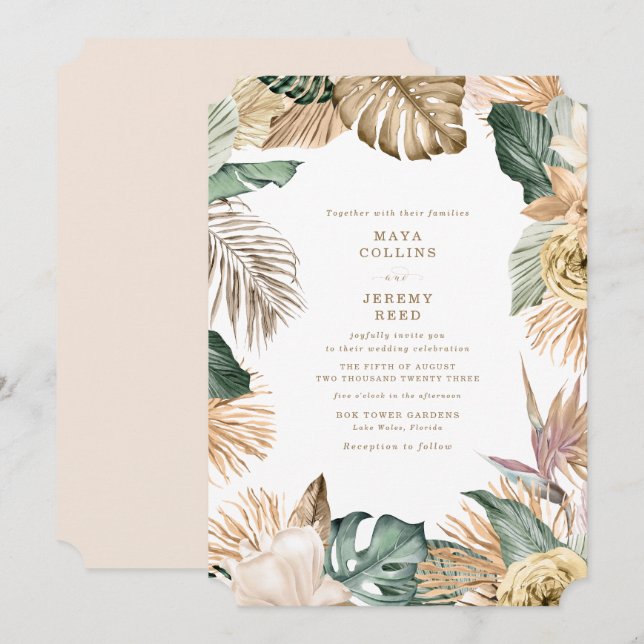 Botanical Tropical Floral Gold Mauve Wedding Invitation (Front/Back)