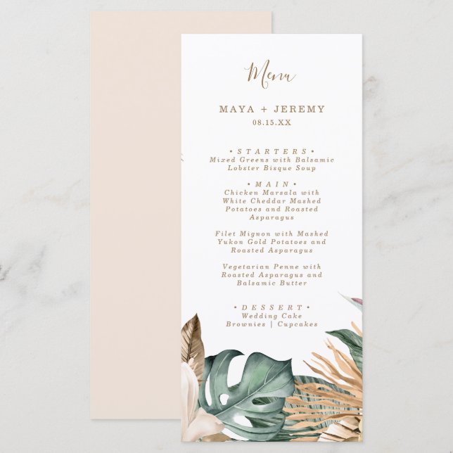 Botanical Tropical Floral Gold Mauve Wedding  Menu (Front/Back)