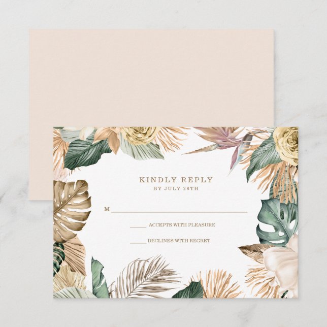Botanical Tropical Floral Gold Mauve Wedding RSVP Card (Front/Back)