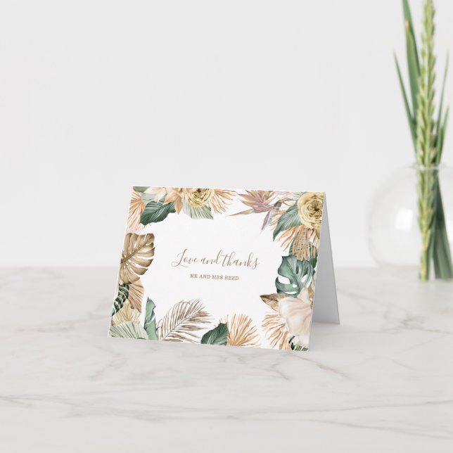 Botanical Tropical Floral Gold Mauve Wedding Thank You Card (Front)