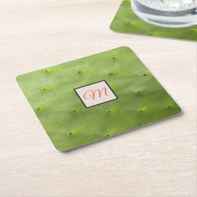 Botanical Tropical Green Cactus Photo Monogram Square Paper Coaster (Angled)