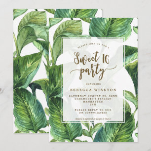 botanical tropical leaves sweet 16 party invite