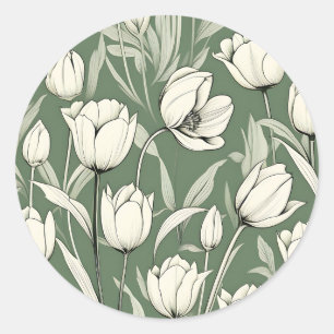 Botanical Tulip On Sage Green Classic Round Sticker