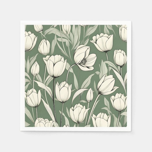 Botanical Tulip On Sage Green Napkin (Front)