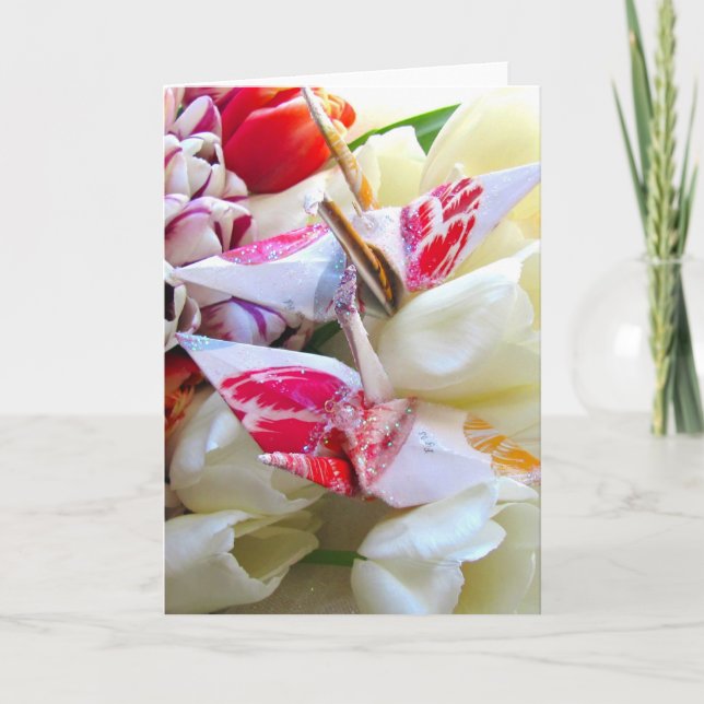 Botanical Tulips with Origami Peace Cranes Card (Front)