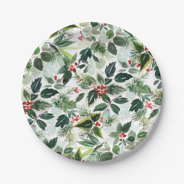 Botanical Variegated Winterberry Pattern Christmas Paper Plate (Front)