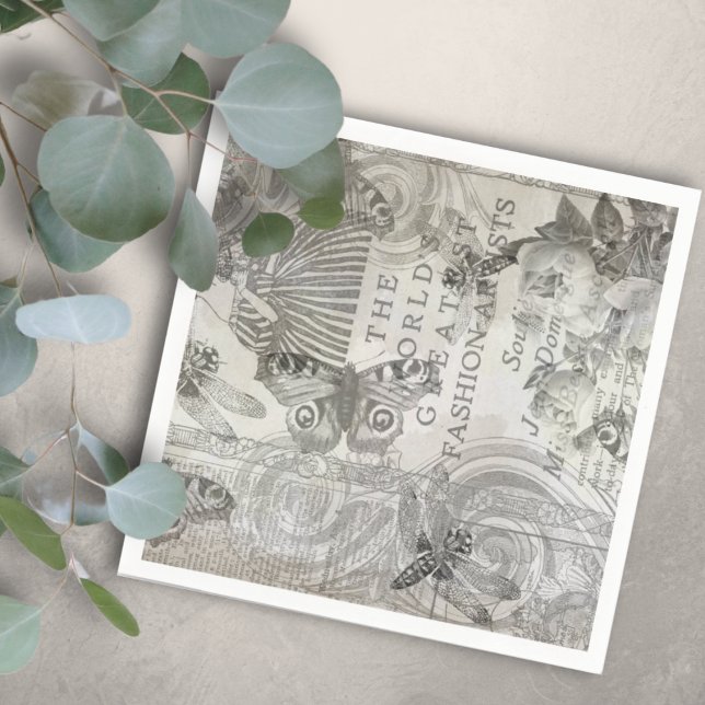  Botanical Vintag Butterfly Script Black and white Napkin (Creator Uploaded)