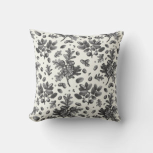 Botanical Vintage Black White Oak Leaves Acorns Cushion