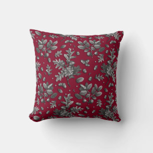 Botanical Vintage Burgundy Grey Oak Leaves Acorns Cushion