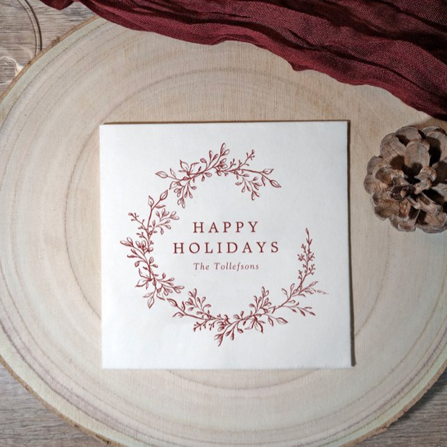 Botanical Vintage Burgundy Wreath Christmas Napkin (Vintage burgundy wreath Christmas or holiday party napkins for personal or business use.)