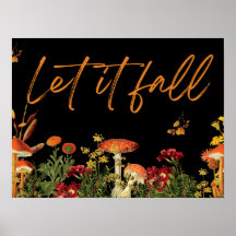 Botanical Vintage Floral Mushrooms Black Poster