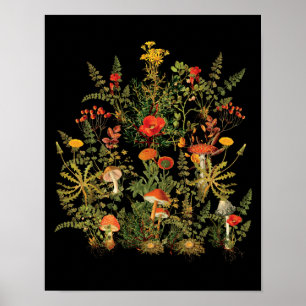 Botanical Vintage Floral Mushrooms Black Poster