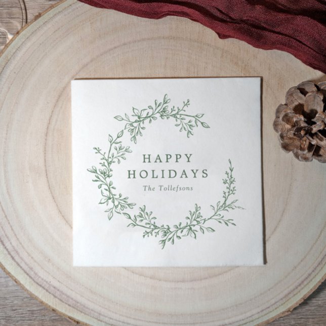 Botanical Vintage Green Happy Holidays Christmas Napkin (Elegant simple botanical vintage green wreath holiday or Christmas napkins for business or hosts)