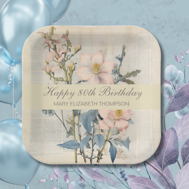  Botanical Vintaqe Wildflower 80th Birthday Paper Plate (Creator Uploaded)
