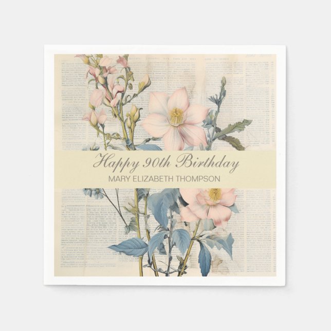  Botanical Vintaqe Wildflower 90th Birthday Napkin (Front)