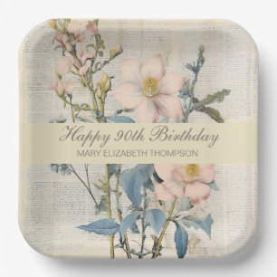  Botanical Vintaqe Wildflower 90th Birthday Paper Plate