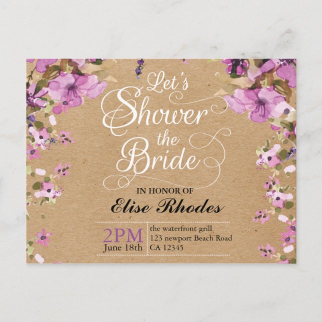 Botanical violet floral kraft paper Bridal shower Invitation Postcard (Front)