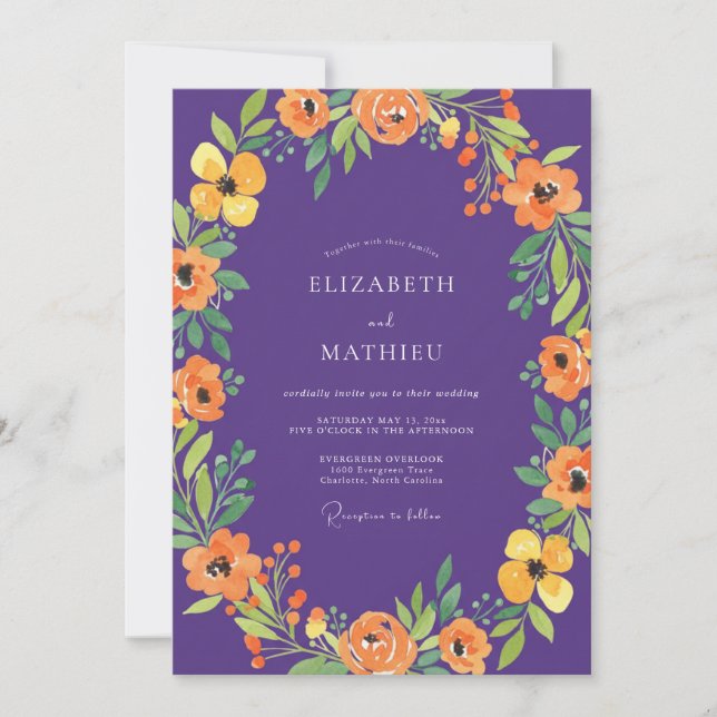 Botanical Violet Orange Poppy Wedding Invitation (Front)
