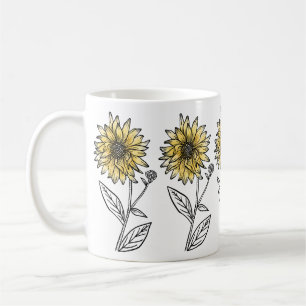 Botanical watercolor aesthetic line art sunflower  coffee mug