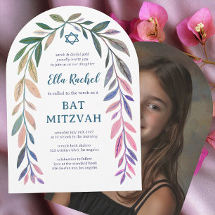 Botanical Watercolor Bar Bat Mitzvah Arch Photo Invitation