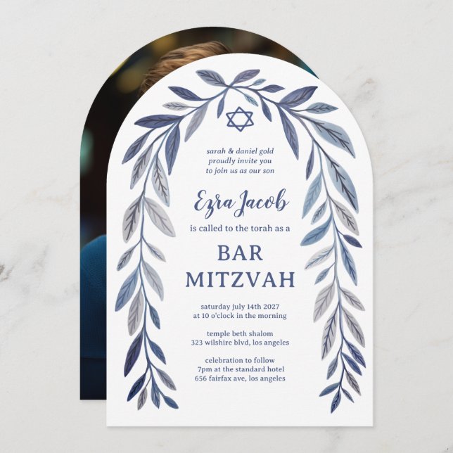 Botanical Watercolor Bar Bat Mitzvah Arch Photo Invitation (Front/Back)