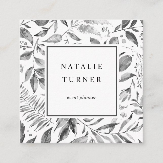 Botanical Watercolor Black & White Square Business Card (Front)