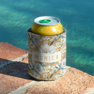 Botanical watercolor blue white gold lily floral can cooler