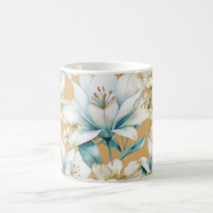 Botanical watercolor blue white gold lily floral coffee mug
