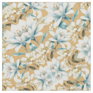 Botanical watercolor blue white gold lily floral Fabric